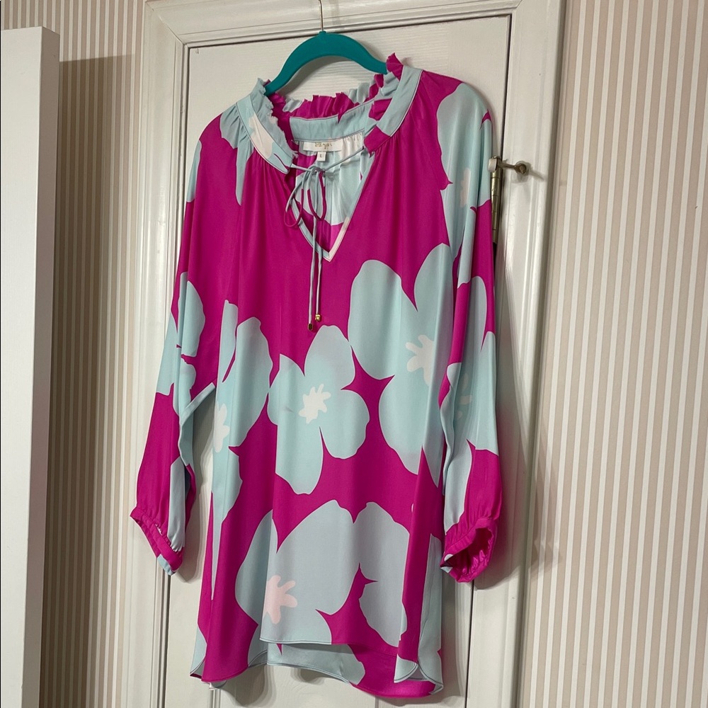 Hot Pink Tunic with Pale Blue Floral Trim